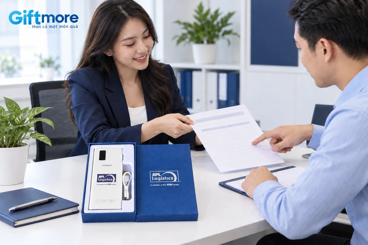 Cảnh dựng hai người trao đổi tờ yêu cầu bên hộp sạc Pisen in APL Logistics
