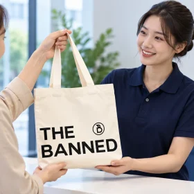 Khách nhận túi kem in THE BANNED từ người trao tại quầy sáng