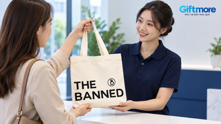 Khách nhận túi kem in THE BANNED từ người trao tại quầy sáng