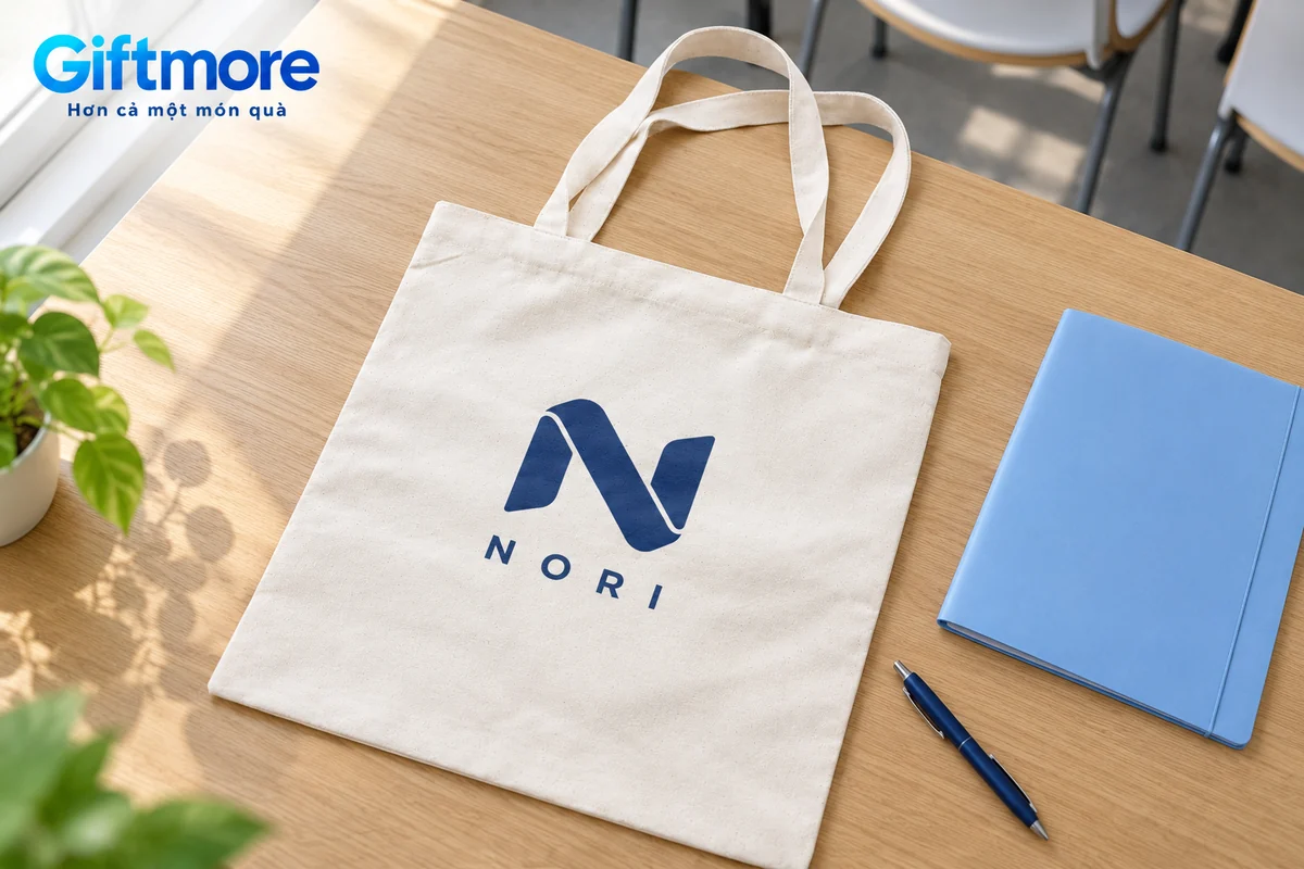 Mô phỏng chuẩn bị túi canvas mộc demo NORI cạnh tập tài liệu trên bàn đào tạo