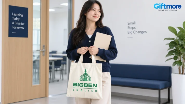 Người học trưởng thành cầm túi kem BIGBEN ENGLISH và bìa tài liệu trước phòng học