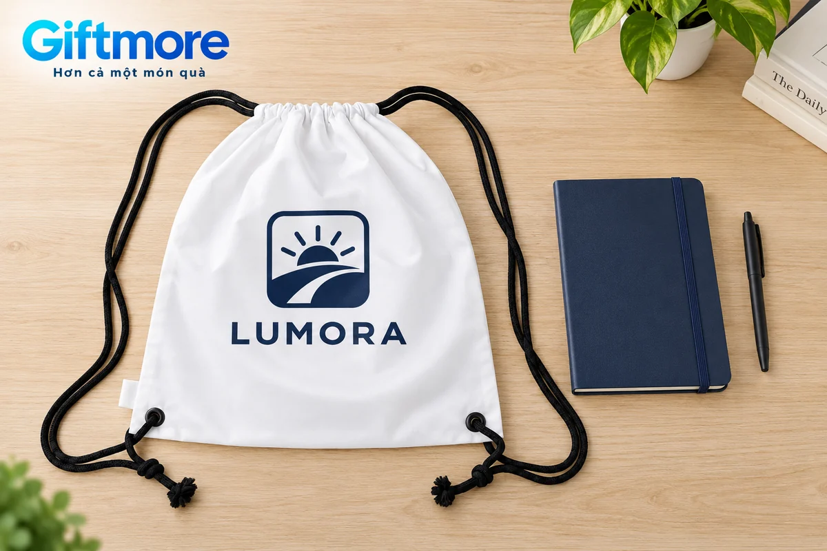 Mô phỏng đặt sổ và bút cạnh túi rút canvas trắng dây đen demo LUMORA để thử cấu hình đồ mang theo