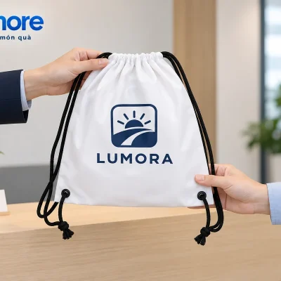 Mô phỏng trao một túi rút canvas trắng dây đen demo LUMORA ở bàn đón khách sự kiện