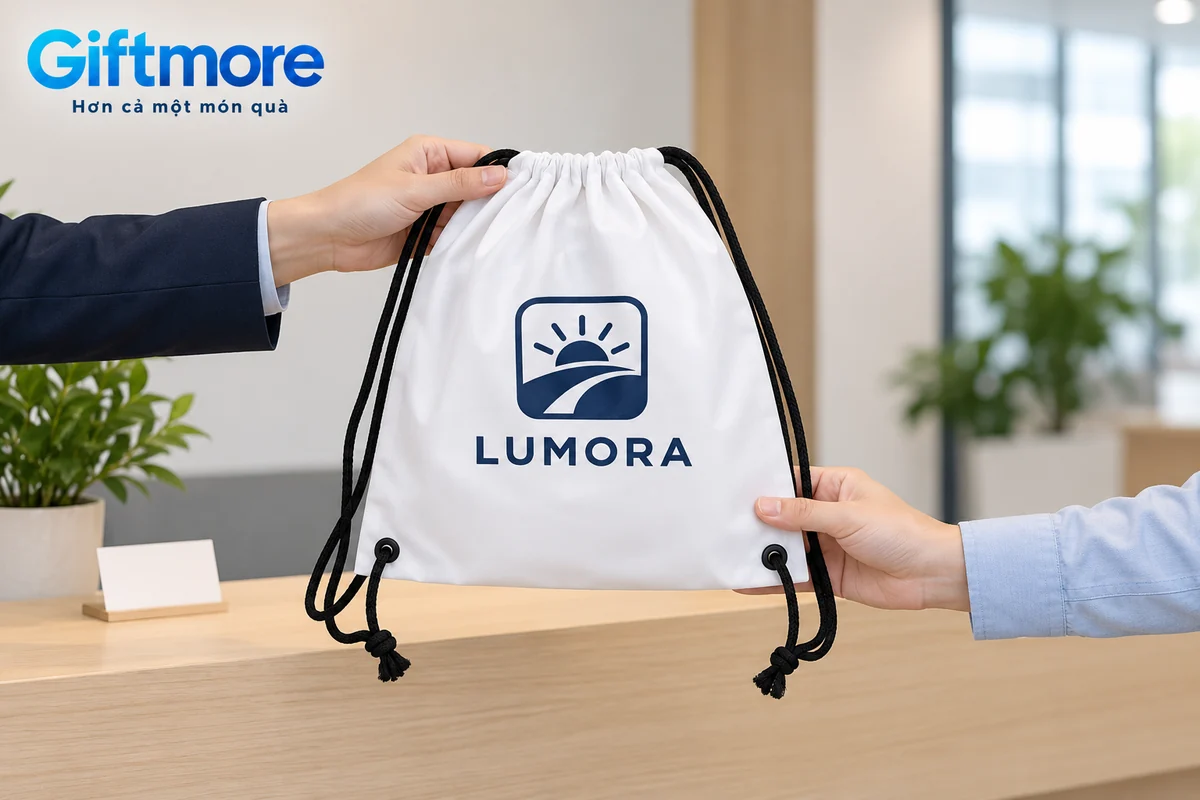 Mô phỏng trao một túi rút canvas trắng dây đen demo LUMORA ở bàn đón khách sự kiện