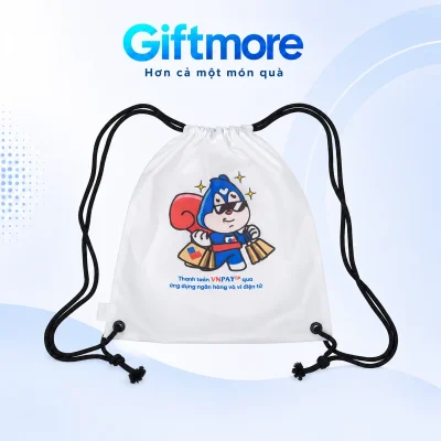 Túi rút canvas trắng dây đen, hình in đa sắc theo mẫu nguồn trên nền GiftMore