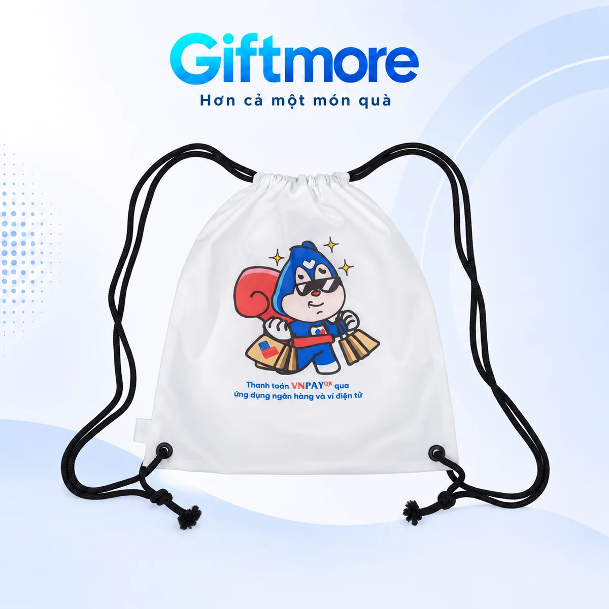 Túi rút canvas trắng dây đen, hình in đa sắc theo mẫu nguồn trên nền GiftMore
