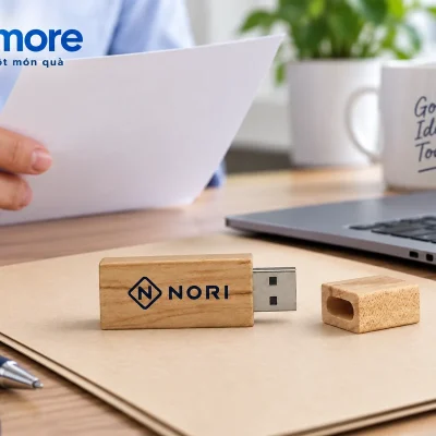 Mô phỏng USB gỗ UGV 006 demo NORI mở nắp đặt trên tập tài liệu cạnh laptop