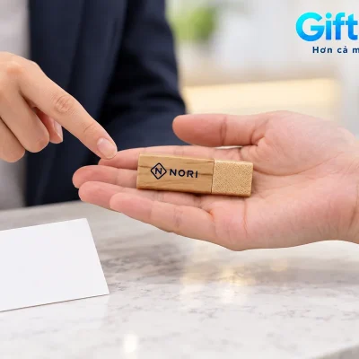 Mô phỏng người nhận cầm USB gỗ UGV 006 demo NORI đã đóng nắp