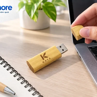 Mô phỏng USB gỗ UGV 001 demo KAYA cạnh laptop với bàn tay giữ nắp gỗ