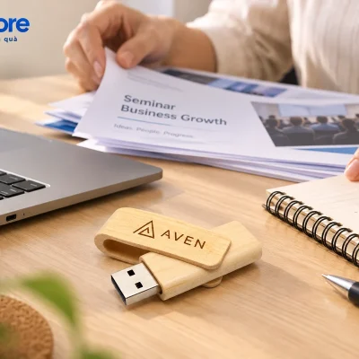 Mô phỏng USB gỗ xoay UGV 027 demo AVEN trên bàn chuẩn bị tài liệu hội thảo