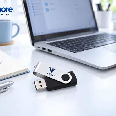 Mô phỏng USB KTX M demo VENA mở nắp nằm cạnh máy tính xách tay trên bàn làm việc