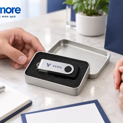 Mô phỏng một USB KTX M demo VENA trong hộp thiếc khi người trao và nhận cùng xem mẫu
