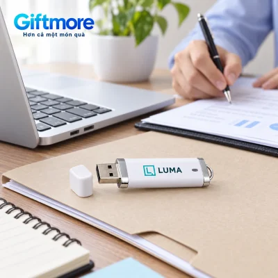 Mô phỏng USB UNV 001 demo LUMA mở nắp trên bìa tài liệu cạnh laptop