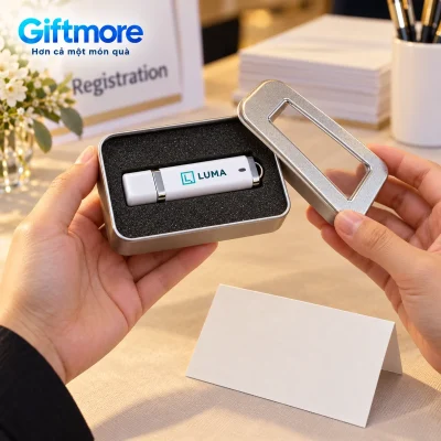 Mô phỏng người nhận mở hộp thiếc để xem USB UNV 001 trắng demo LUMA đã đóng nắp