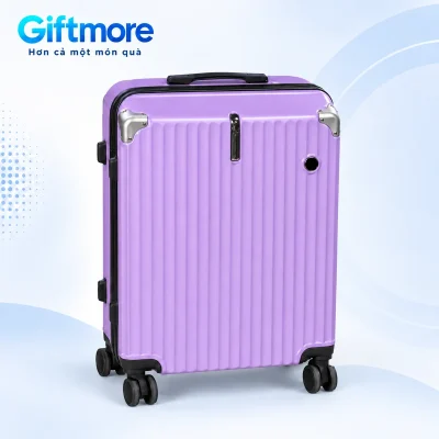 Vali mẫu 14 màu tím với sóng dọc, góc kim loại và bánh đôi đen trên nền GiftMore