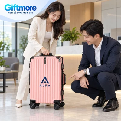 Mô phỏng trao vali mẫu 13 hồng demo AURA ở khu vực tiếp đón văn phòng