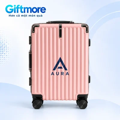 Demo AURA xanh đậm trên mặt sóng dọc của vali mẫu 13 hồng