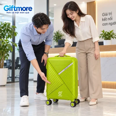Mô phỏng bàn giao vali mẫu 08 xanh lá demo ORO tại văn phòng