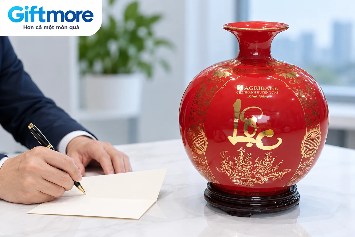 Bình đỏ chữ Lộc và nhận diện Agribank thật trong cảnh viết lời chúc riêng