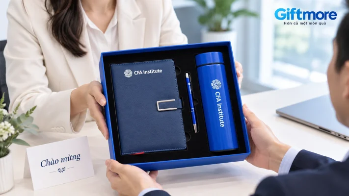 Trao hộp xanh có sổ navy, bút xanh và bình xanh theo mẫu nguồn cạnh thiệp Chào mừng