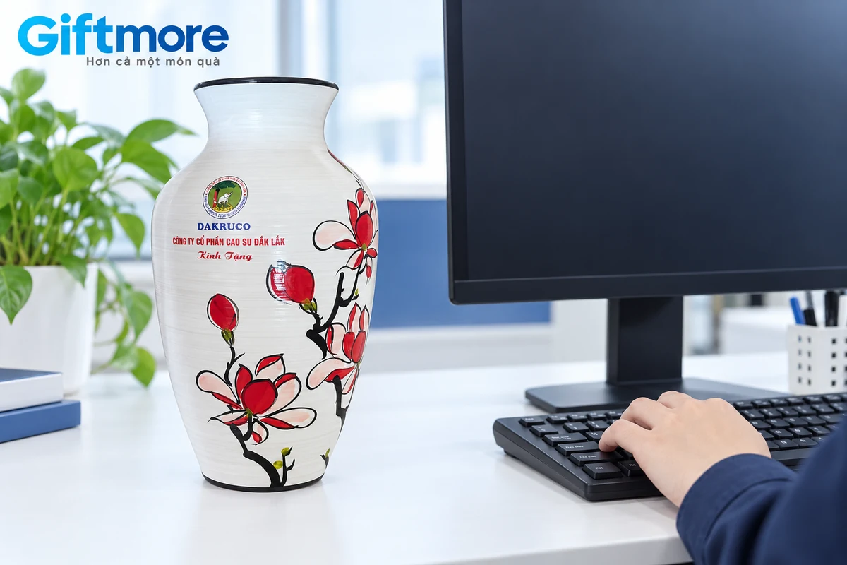 Lọ hoa DAKRUCO thật trong cảnh xem khoảng trống cạnh màn hình