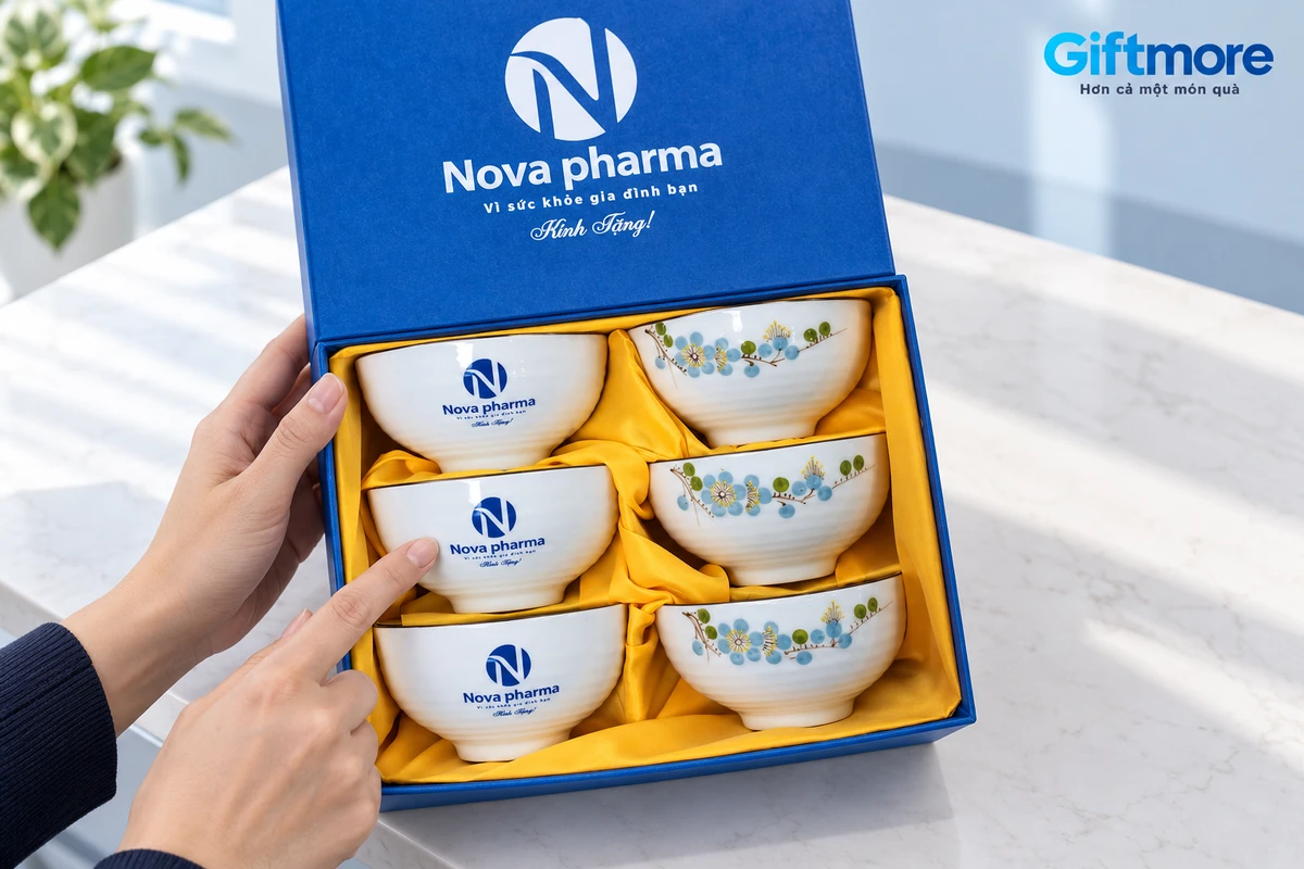 Tay xem bản in Nova pharma trên bộ sáu bát trong hộp xanh lót vàng